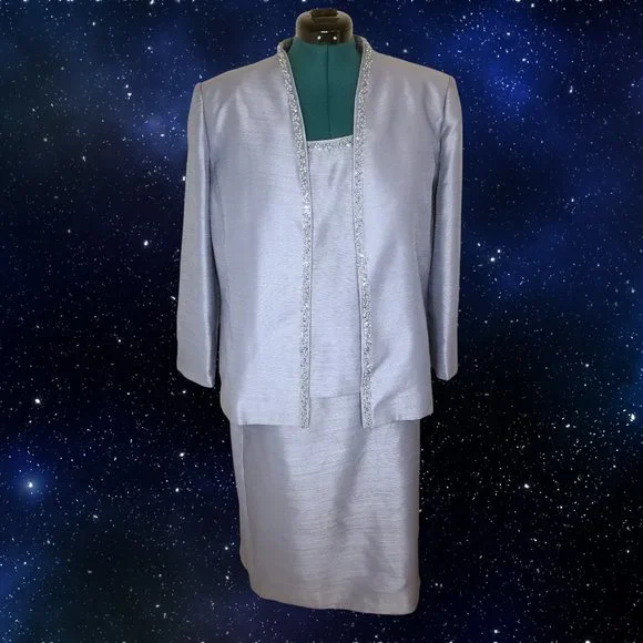 Vintage Silver Blue Pearl Kasper Suit Jacket Skirt Set Size 16 - Picture 1 of 5